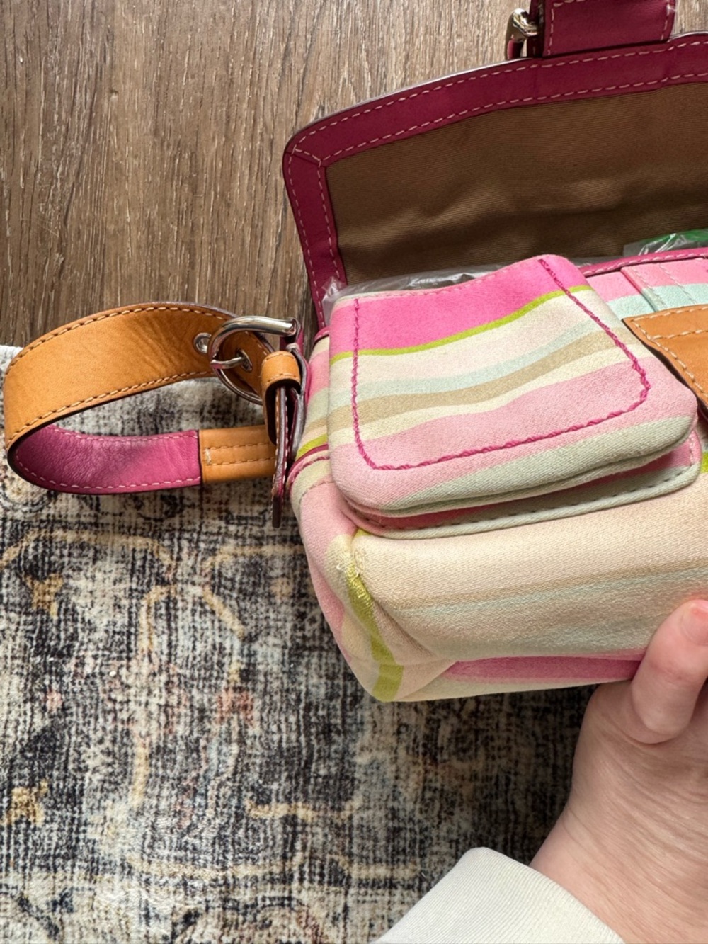 Vintage Coach Striped Pastel Shoulder Bag with Pink Trim and Tan Buckle - Picture 16 of 17